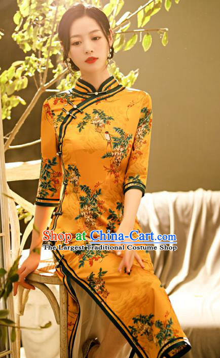 Chinese Classical Golden Silk Qipao Dress Traditional Stage Show Costume Shanghai Young Lady Cheongsam