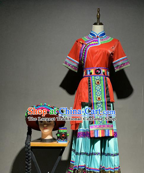 Chinese Pumi Nationality Minority Costumes Yunnan Ethnic Folk Dance Dress Outfits and Headwear