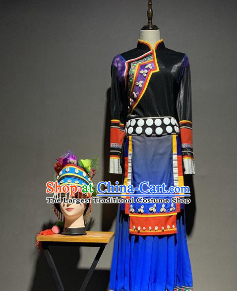 Chinese Lisu Nationality Minority Costumes Yun Ethnic Stage Performance Outfits and Headdress