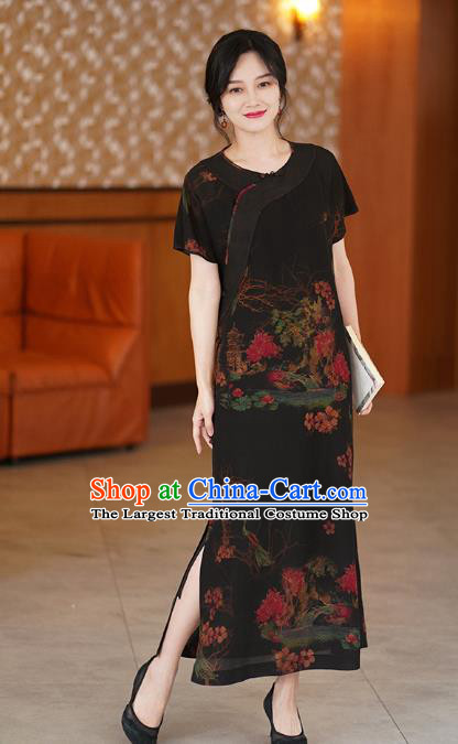 China National Modern Black Silk Qipao Costume Classical Cheongsam Dress