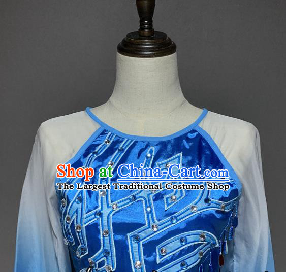 China Traditional Stage Performance Costumes Classical Dance Blue Outfits and Hair Accessories