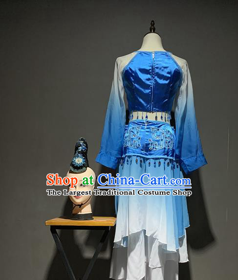 China Traditional Stage Performance Costumes Classical Dance Blue Outfits and Hair Accessories