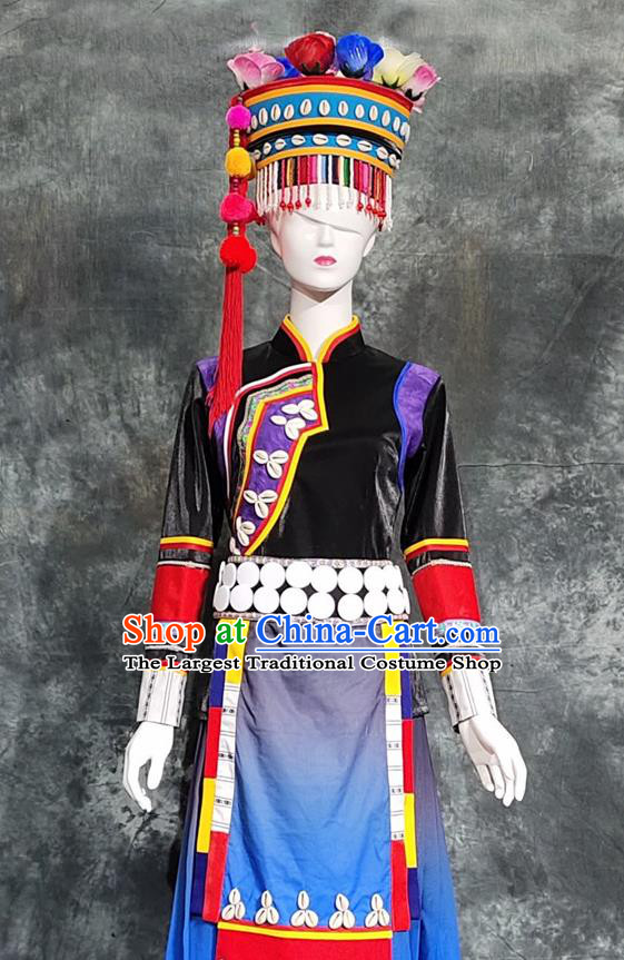 Chinese Lahu Nationality Folk Dance Costumes Ethnic Minority Woman Outfits and Headwear