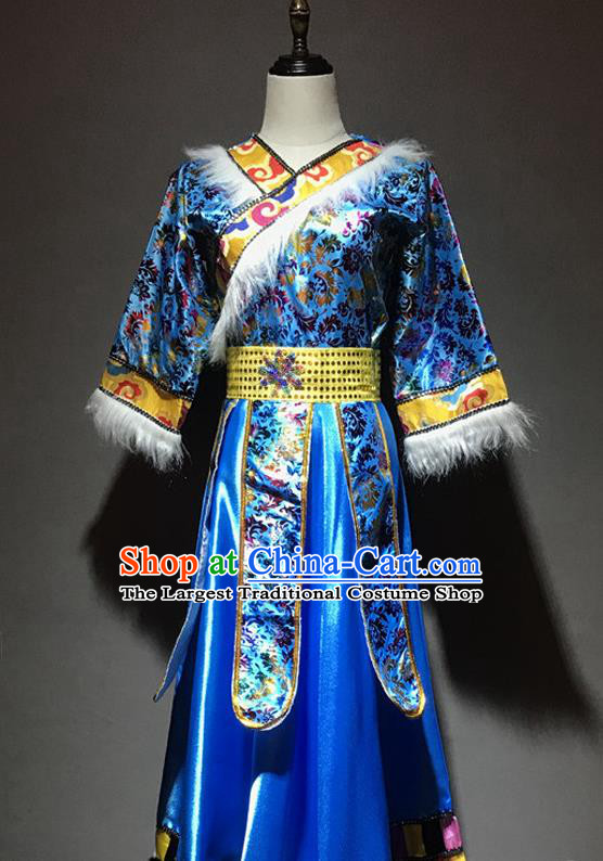 Chinese Zang Nationality Woman Costumes Tibetan Ethnic Minority Stage Performance Blue Dress