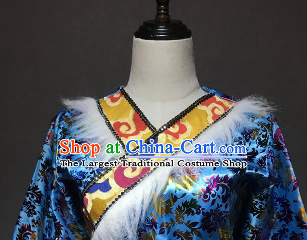 Chinese Zang Nationality Woman Costumes Tibetan Ethnic Minority Stage Performance Blue Dress