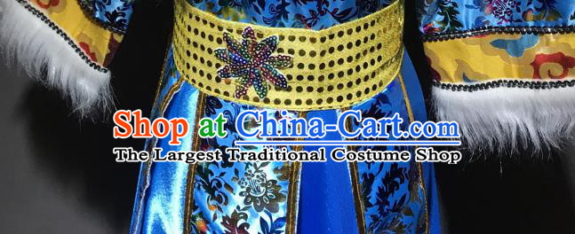 Chinese Zang Nationality Woman Costumes Tibetan Ethnic Minority Stage Performance Blue Dress