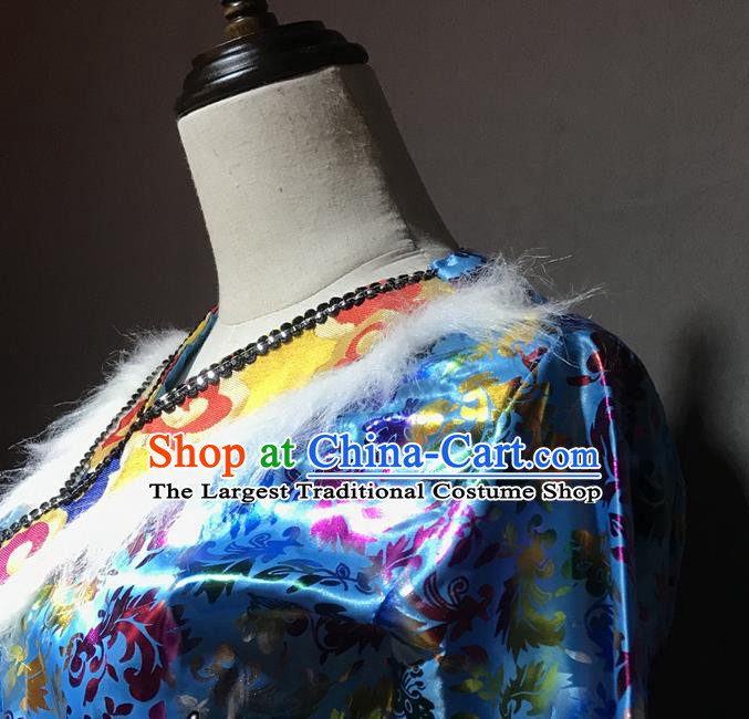 Chinese Zang Nationality Woman Costumes Tibetan Ethnic Minority Stage Performance Blue Dress