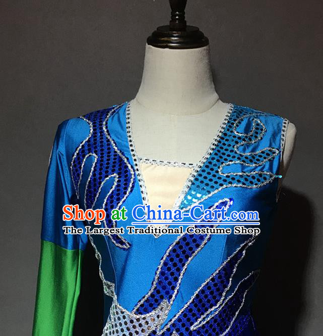 Chinese Shui Nationality Girl Costumes Ethnic Minority Folk Dance Blue Dress and Hair Accessories