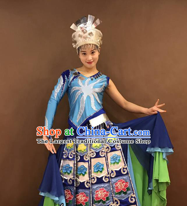 Chinese Yi Nationality Wedding Bride Costumes Ethnic Minority Young Lady Blue Outfits and Headwear