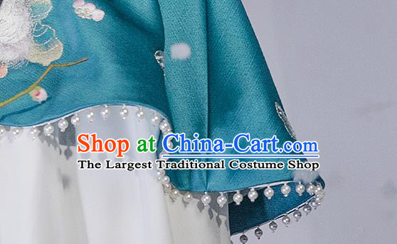 China Ancient Noble Infanta Cape Clothing Traditional Ming Dynasty Princess Embroidered Blue Silk Cloak