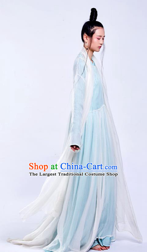 Chinese Classical Dance Costume National Light Blue Qipao Dress Traditional Zen Clothing