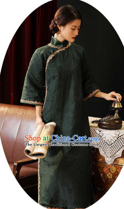 Chinese Traditional Dark Green Cheongsam Classical Wide Sleeve Qipao Dress National Rich Mistress Costume