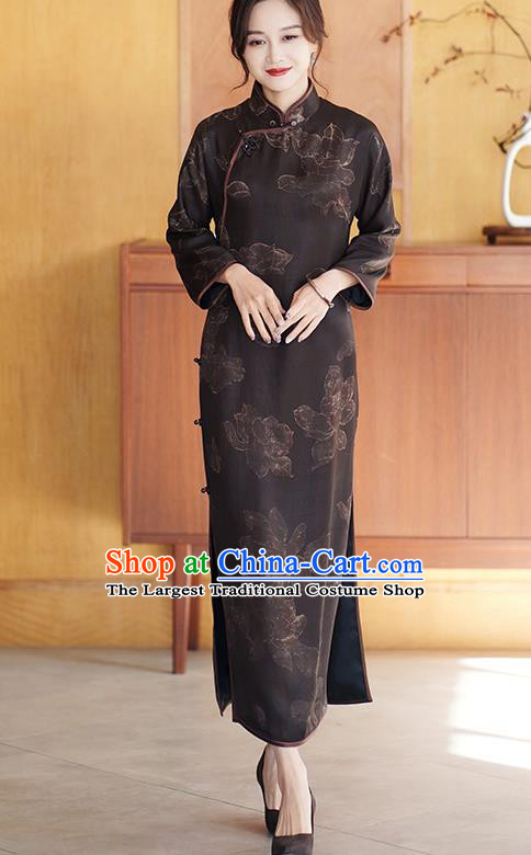 Chinese Classical Brown Silk Qipao Dress Traditional Gambiered Guangdong Gauze Costume Cheongsam