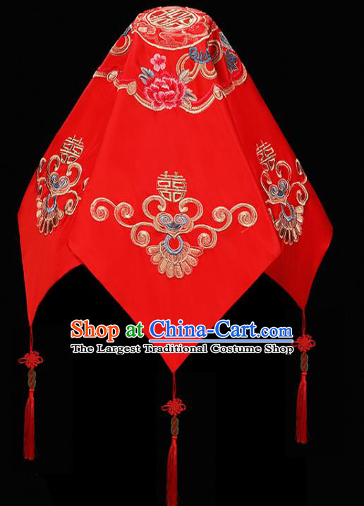 China Xiuhe Suit Embroidered Peony Headdress Traditional Wedding Headwear Bride Red Veil