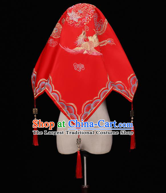 China Traditional Wedding Headwear Xiuhe Suit Headdress Embroidered Dragon Phoenix Bride Red Veil