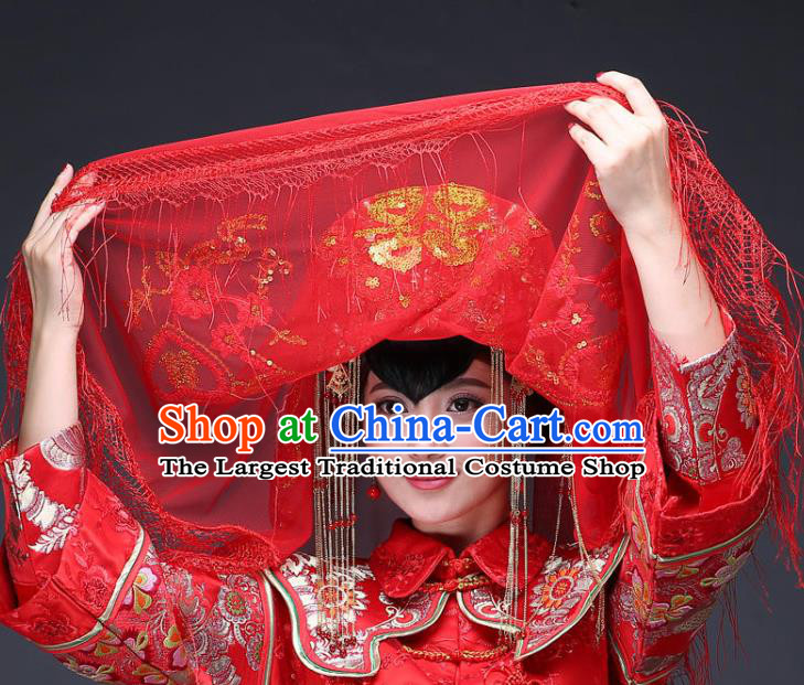 China Bride Red Lace Tassel Veil Traditional Wedding Headwear Xiuhe Suit Headdress