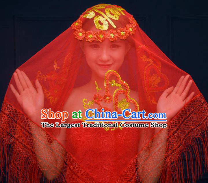 China Bride Red Lace Tassel Veil Traditional Wedding Headwear Xiuhe Suit Headdress
