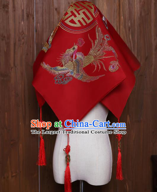 China Embroidered Dragon Phoenix Bride Red Veil Traditional Xiuhe Suit Headdress Wedding Headwear