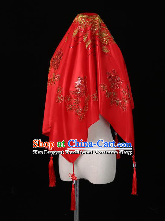 China Embroidered Sequins Mandarin Duck Bridal Veil Xiuhe Suit Red Satin Kerchief Traditional Wedding Headwear
