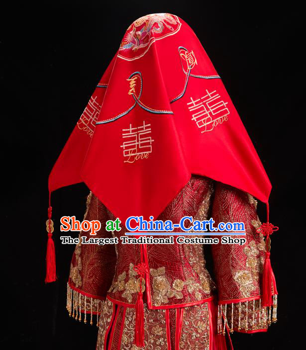 China Traditional Wedding Headdress Embroidered Dragon Phoenix Bridal Veil Xiuhe Suit Red Satin Kerchief