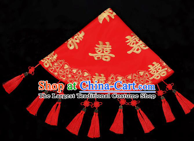 China Red Satin Circular Kerchief Bridal Veil Traditional Wedding Xiuhe Suit Embroidered Headpiece