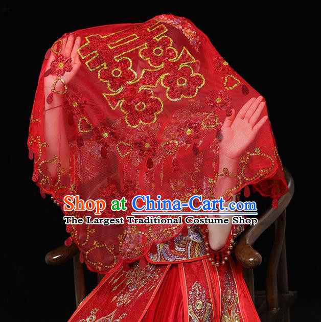 China Red Bridal Veil Kerchief Traditional Wedding Xiuhe Suit Embroidered Headdress