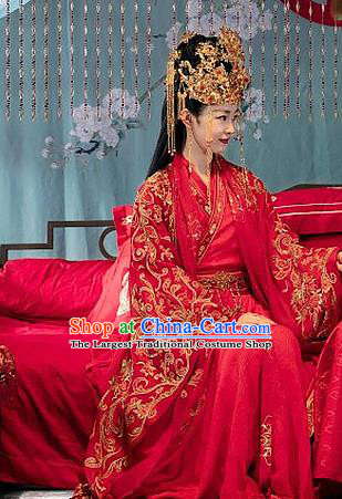 China Ancient Bride Embroidered Red Hanfu Dress Traditional Ming Dynasty Wedding Historical Costumes and Headdress