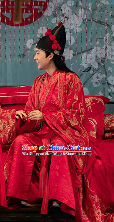 China Traditional Ming Dynasty Scholar Wedding Historical Costumes Ancient Bridegroom Embroidered Red Hanfu Clothing and Hat