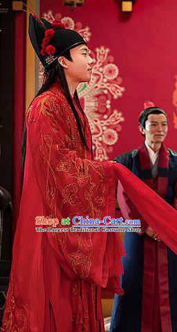 China Traditional Ming Dynasty Scholar Wedding Historical Costumes Ancient Bridegroom Embroidered Red Hanfu Clothing and Hat