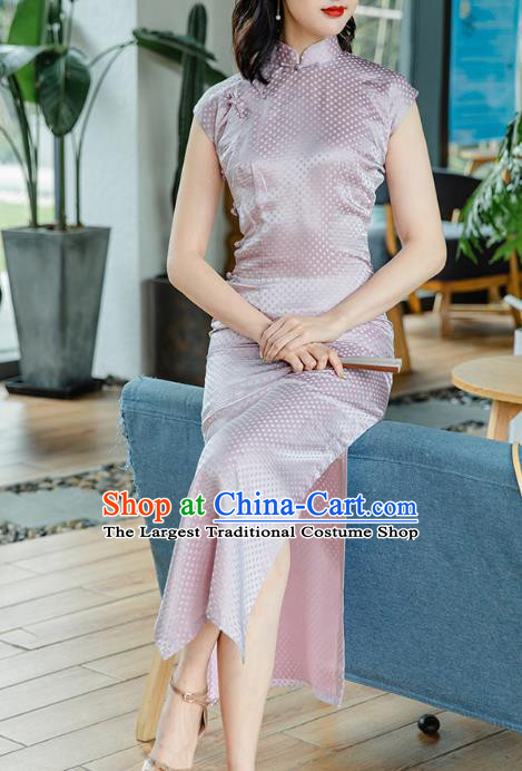 Republic of China Jacquard Brocade Cheongsam Costume Traditional Minguo Lilac Silk Qipao Dress
