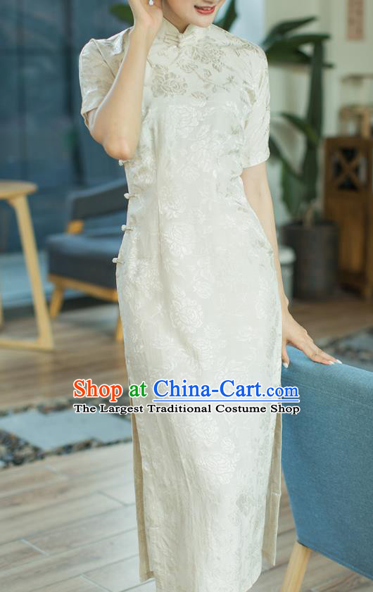 Republic of China Beige Brocade Cheongsam Costume Traditional Minguo Stand Collar Qipao Dress
