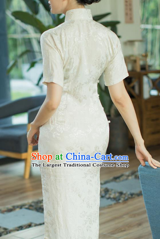 Republic of China Beige Brocade Cheongsam Costume Traditional Minguo Stand Collar Qipao Dress