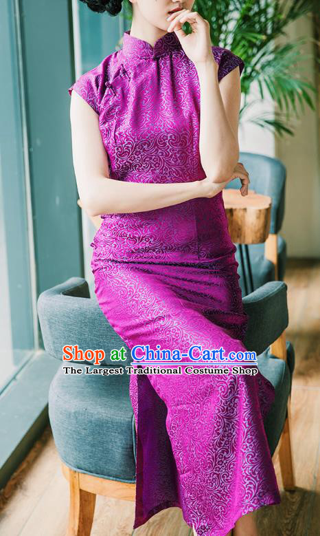 Republic of China Purple Brocade Cheongsam Costume Traditional Minguo Stage Performance Qipao Dress