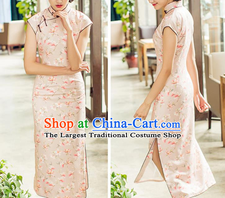 Republic of China Printing Beige Cheongsam Costume Traditional Minguo Shanghai Woman Qipao Dress