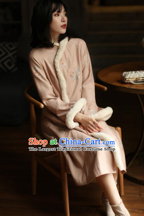 China Winter Embroidered Cotton Wadded Cheongsam Costume Traditional Shanghai Pink Qipao Dress