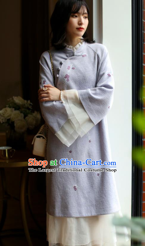 China Winter Embroidered Cheongsam Costume Traditional Young Woman Chiffon Qipao Dress