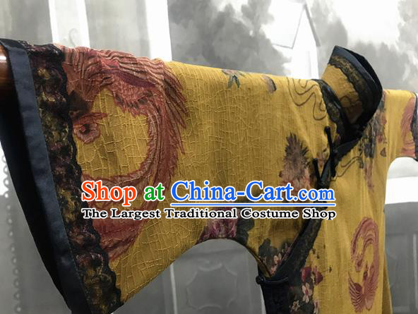 Republic of China Printing Phoenix Cheongsam Costume Traditional Minguo Ginger Gambiered Guangdong Gauze Qipao Dress