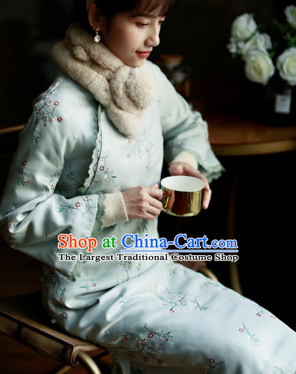 China Winter Cotton Wadded Cheongsam Costume Traditional Young Lady Embroidered Green Qipao Dress
