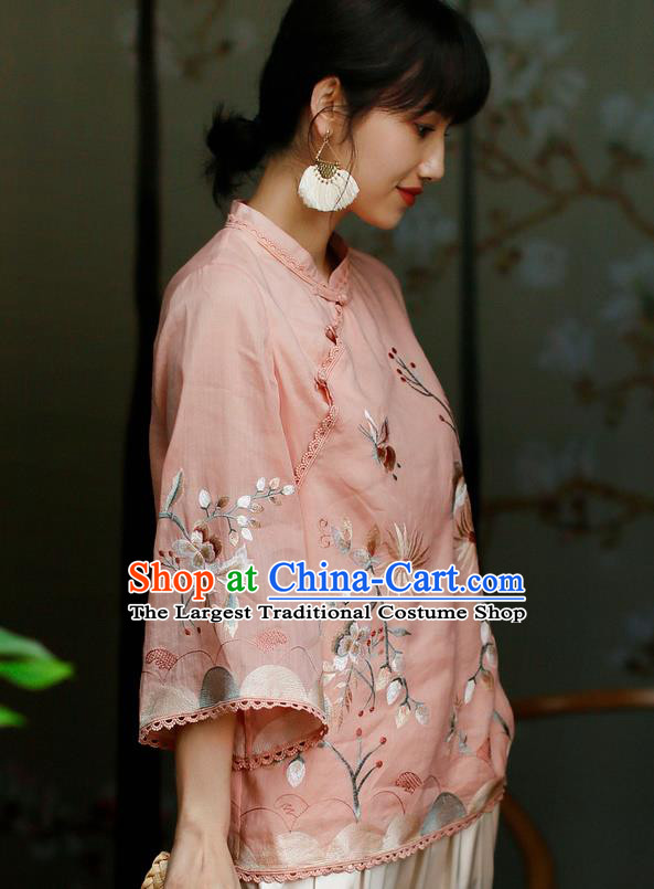 Chinese Classical Cheongsam Upper Outer Garment Traditional Tang Suit Embroidered Pink Flax Shirt