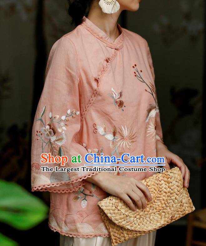 Chinese Classical Cheongsam Upper Outer Garment Traditional Tang Suit Embroidered Pink Flax Shirt