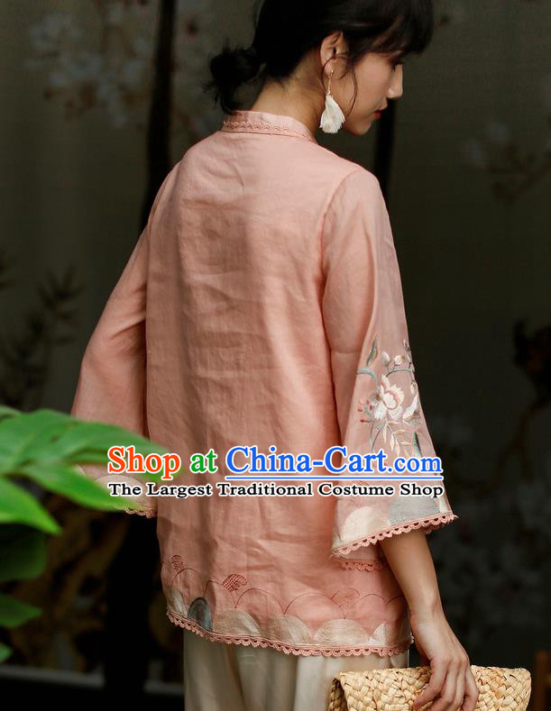 Chinese Classical Cheongsam Upper Outer Garment Traditional Tang Suit Embroidered Pink Flax Shirt