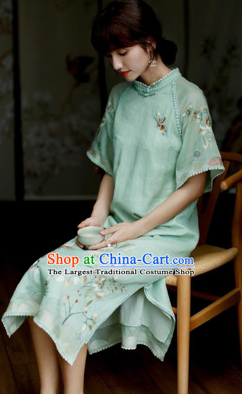 China Classical Embroidered Green Cheongsam Costume Traditional Young Lady Qipao Dress