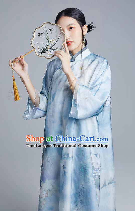 China Classical Loose Cheongsam Costume Traditional Young Lady Printing Peony Blue Organdy Qipao Dress