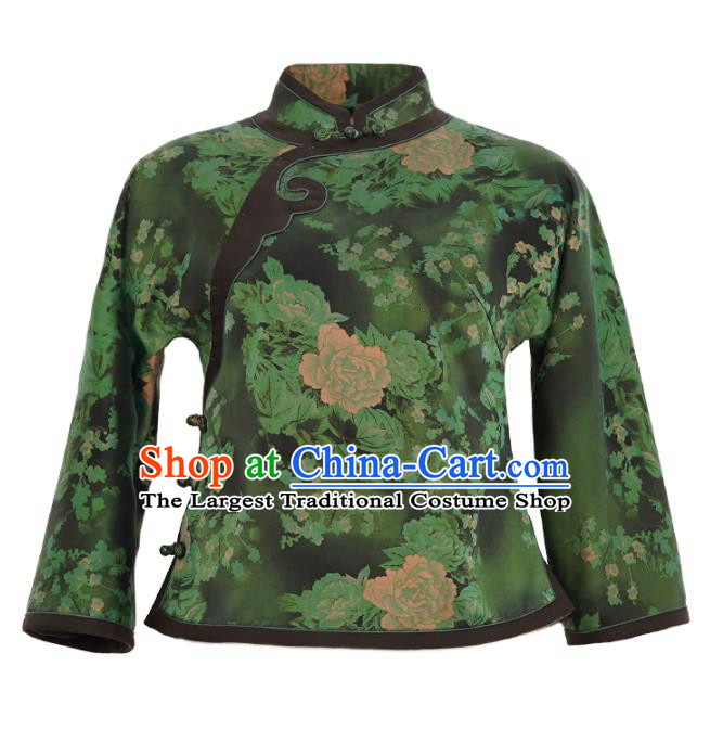China National Shirt Traditional Printing Watered Gauze Upper Outer Garment Classical Green Silk Cheongsam Shirt