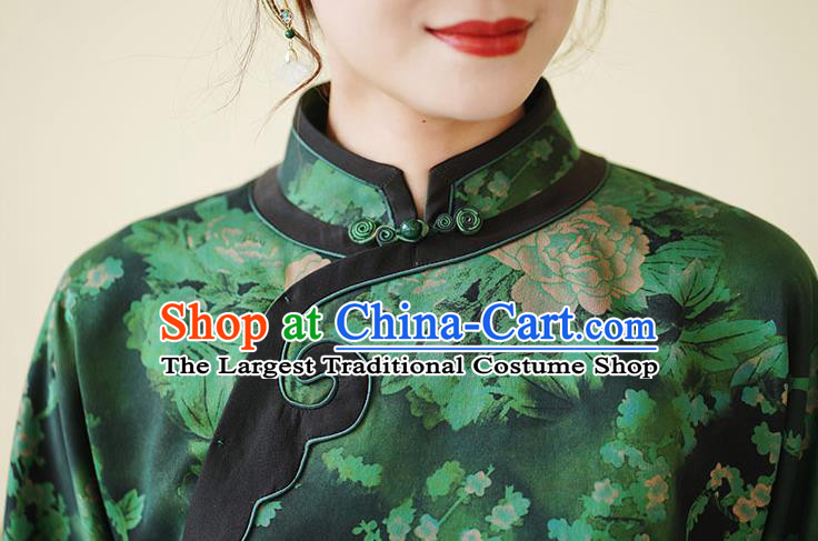 China National Shirt Traditional Printing Watered Gauze Upper Outer Garment Classical Green Silk Cheongsam Shirt