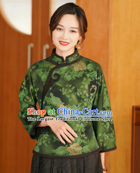 China National Shirt Traditional Printing Watered Gauze Upper Outer Garment Classical Green Silk Cheongsam Shirt