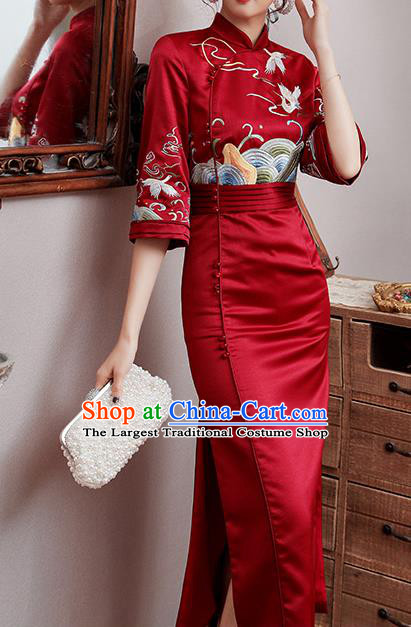 Chinese Traditional Tang Suit Embroidered Cheongsam Costume Modern Dance Dark Red Satin Qipao Dress
