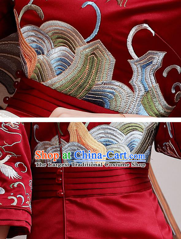Chinese Traditional Tang Suit Embroidered Cheongsam Costume Modern Dance Dark Red Satin Qipao Dress