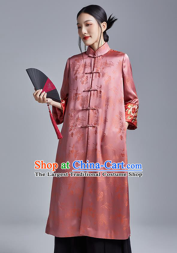 Chinese Traditional Tang Suit Overcoat National Embroidered Pink Brocade Dust Coat