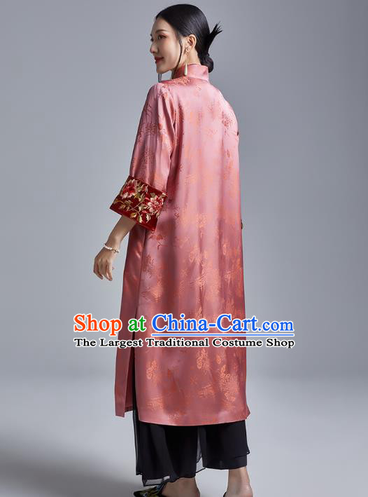 Chinese Traditional Tang Suit Overcoat National Embroidered Pink Brocade Dust Coat